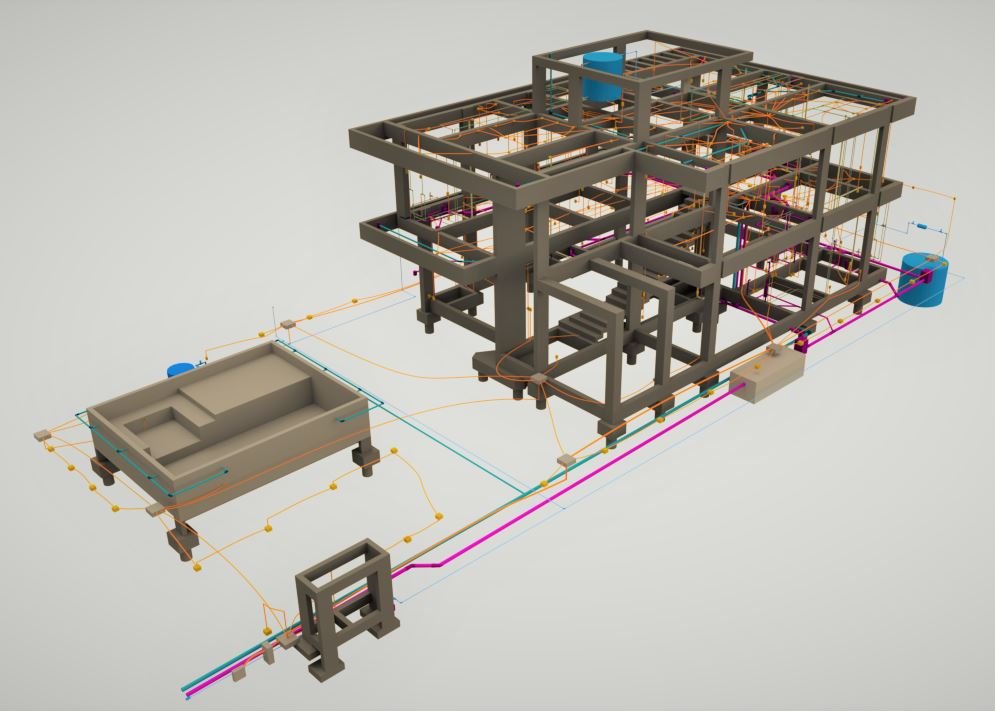 Modelo 3D com projeto estrutural, projeto elétrico projeto hidrossanitário, compatibilizados, feito em BIM.